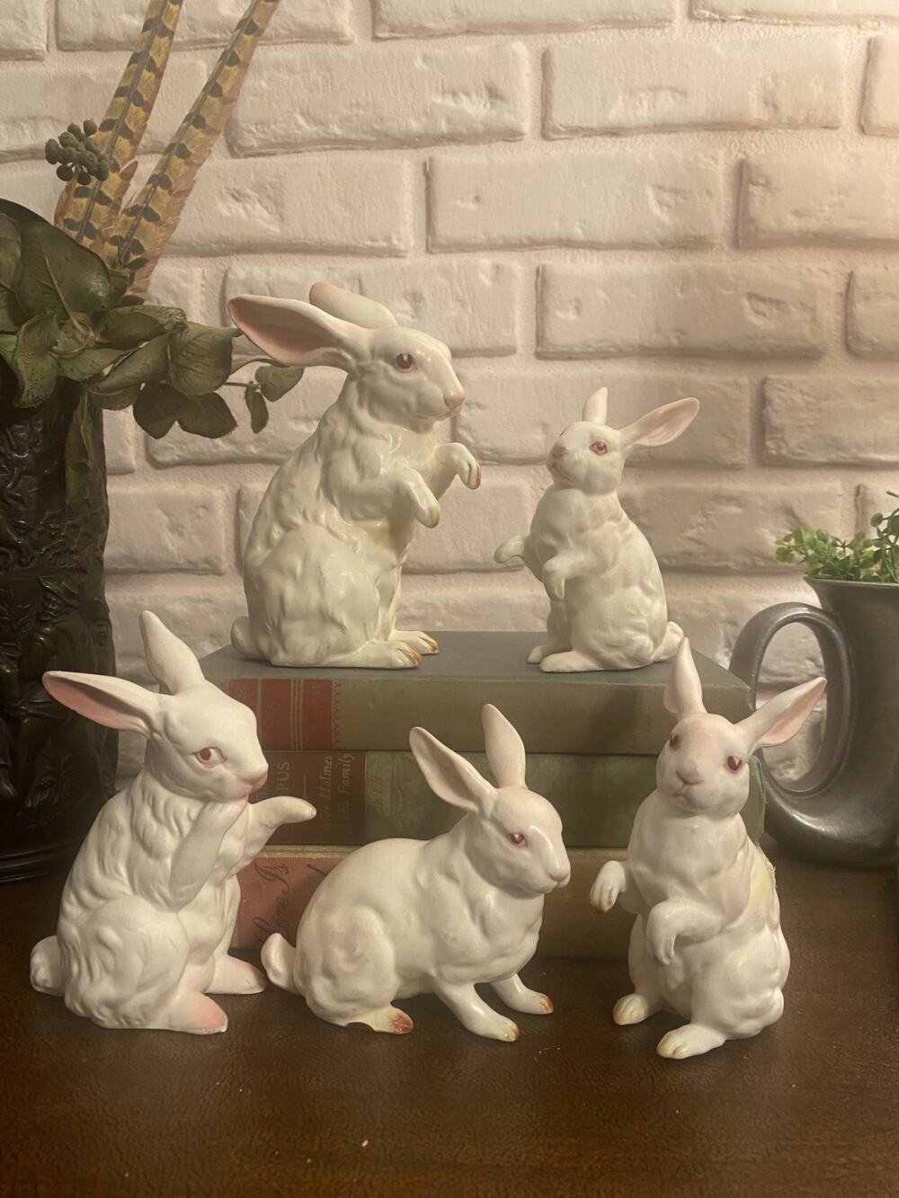 Vintage Lefton White Rabbit Figurine Lot - Set of 5 Porcelain Easter Bunnies